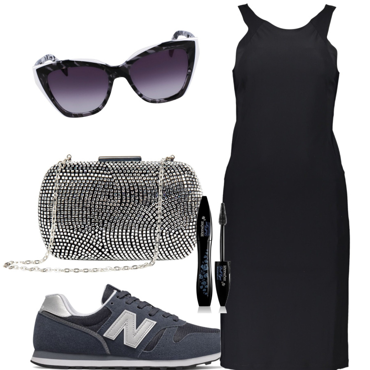 Outfit donna - Sneakers da sera. Stile Glamour per Serata fuori. Abbinamento con mascara, sneakers, clutch, vestiti lunghi, occhiali da sole.