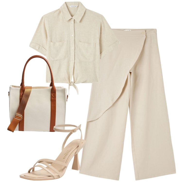 Outfit donna - Puro lino. Stile Casual chic per Tutti i giorni. Abbinamento con pantaloni, camicie a manica corta, shopping bag, sandali col tacco.