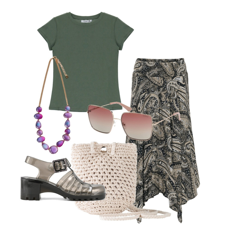 Outfit donna - Ghost outfitter - maggio. Stile Minimal per Tutti i giorni. Abbinamento con gonne longuette, borse a tracolla, t-shirt, sandali col tacco, occhiali da sole, collane.