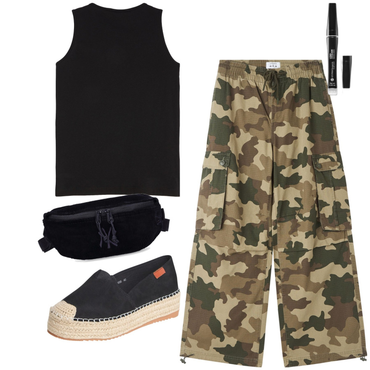 Outfit donna - Pantalone fantasia. Stile Military per Tutti i giorni. Abbinamento con mascara, espadrillas, pantaloni cargo, canottiere, marsupi.