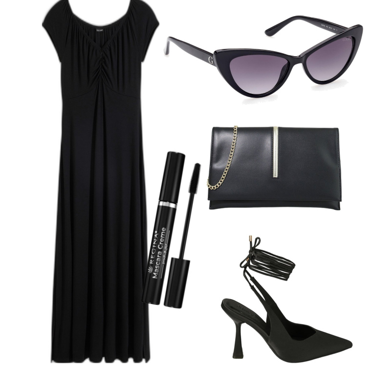 Outfit donna - Black tie. Stile Sexy per Serata fuori. Abbinamento con vestiti lunghi, mascara, pochette, décolleté, occhiali da sole.