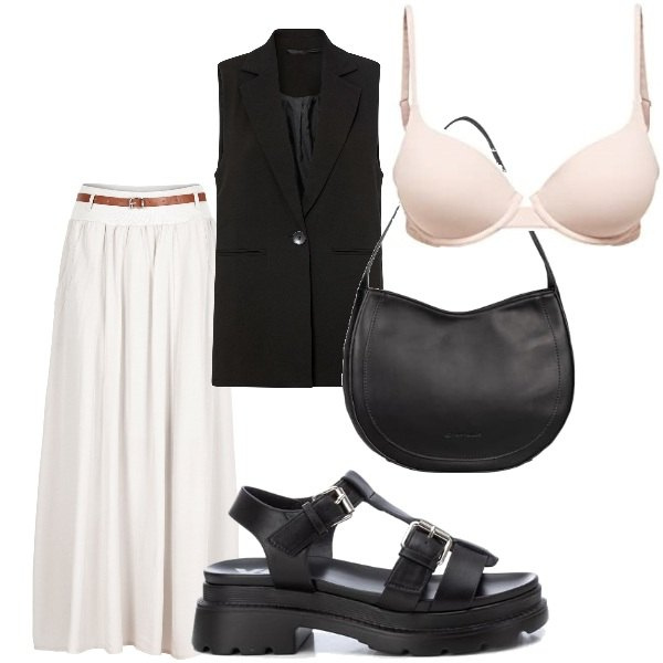 Outfit femme - Mai : un look original. Style Tendance pour Bureau. Assortir avec jupes longues, blazers, sandales, soutiens-gorge, sacs à main.
