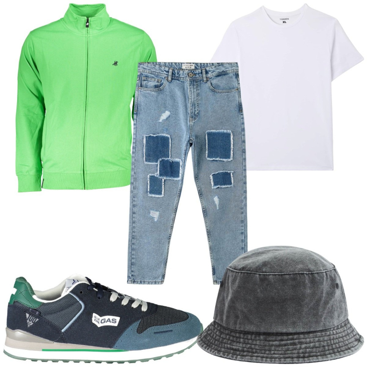 Outfit uomo - Total look #1876303. Stile Trendy per Tutti i giorni. Abbinamento con cappelli, jeans, t-shirt, felpe, sneakers.