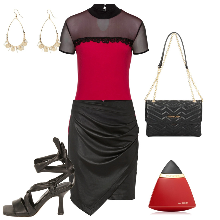 Outfit donna - Gonna dal look bagnato lucido. Stile Sexy per Serata fuori. Abbinamento con gonne, maglieria, profumi, borse a tracolla, sandali col tacco, orecchini.