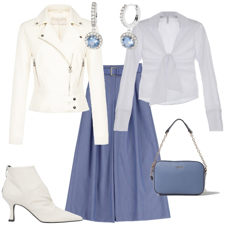 Outfit donna - Trendy serata evento. Stile Trendy per Serata fuori. Abbinamento con stivaletti, orecchini, giacche, pantaloni a palazzo, camicie, borse a tracolla.