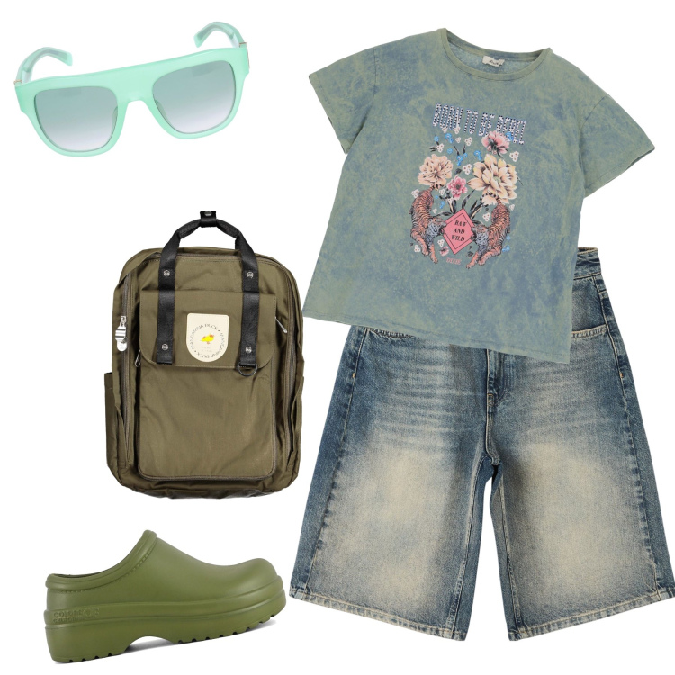 Outfit donna - Basta una zaino per l avventura. Stile Casual per Tutti i giorni. Abbinamento con bermuda, t-shirt, zoccoli, zaini, occhiali da sole.