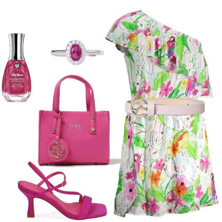 Outfit donna - Vestito monospalla. Stile Romantica per Tutti i giorni. Abbinamento con smalti, anelli, cinture, sandali col tacco, vestiti asimmetrici, borse tote.