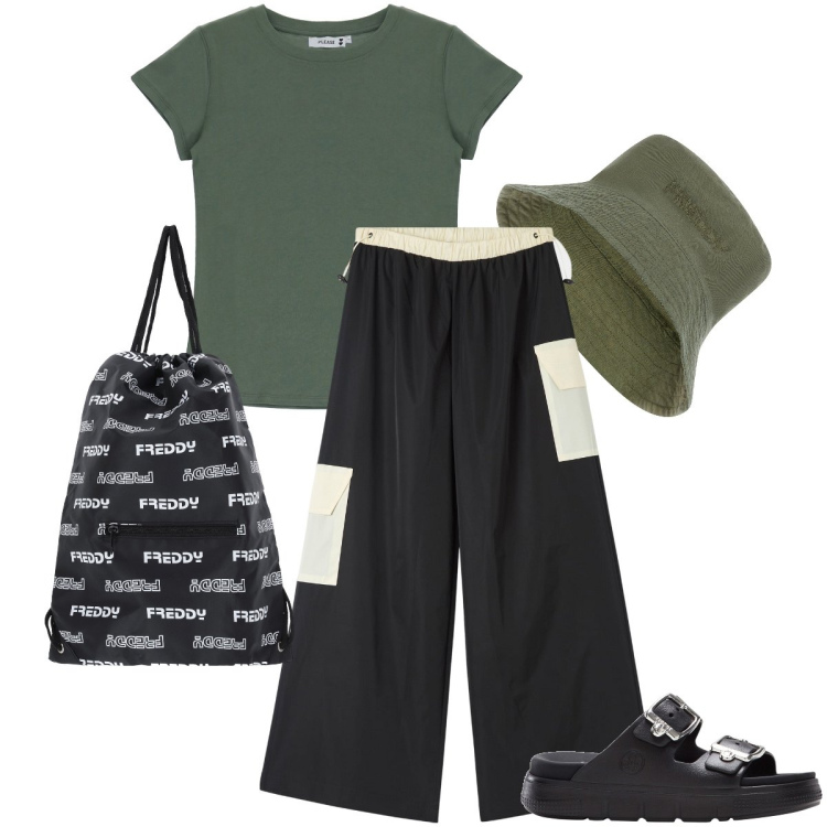 Outfit donna - Giornata basic. Stile Basic per Tutti i giorni. Abbinamento con ciabatte, pantaloni cargo, t-shirt, zaini, cappelli.