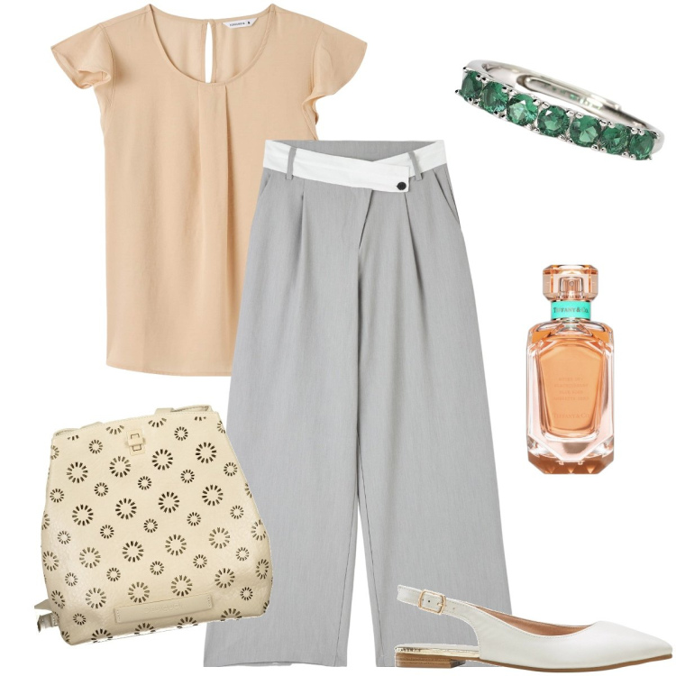 Outfit donna - Bon ton per l’ufficio. Stile Bon Ton per Ufficio. Abbinamento con ballerine, profumi, bluse, pantaloni a palazzo, anelli, zaini.