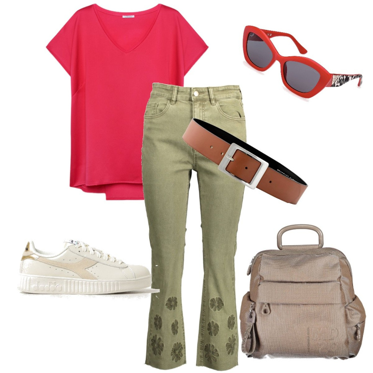 Outfit donna - Ultimo mese di scuola. Stile Casual per Scuola/Università. Abbinamento con cinture, jeans, zaini, t-shirt, sneakers, occhiali da sole.
