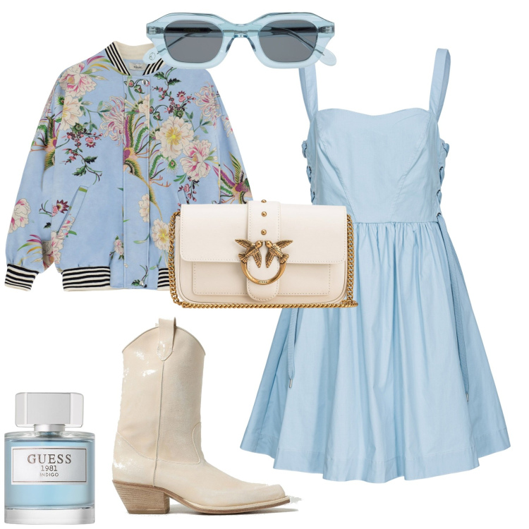 Outfit donna - Romantica chic per il week end. Stile Romantica per Tutti i giorni. Abbinamento con profumi, vestiti corti, borse a spalla, blazer, occhiali da sole, stivali.