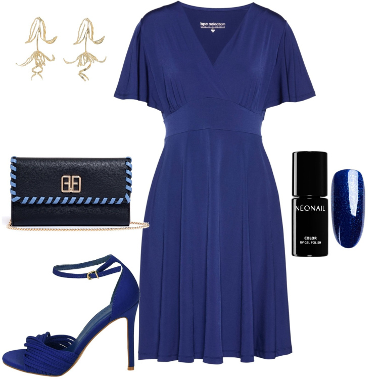 Outfit donna - Valorizza i tuoi punti di forza. Stile Chic per Serata fuori. Abbinamento con vestiti, smalti, pochette, sandali col tacco, orecchini.