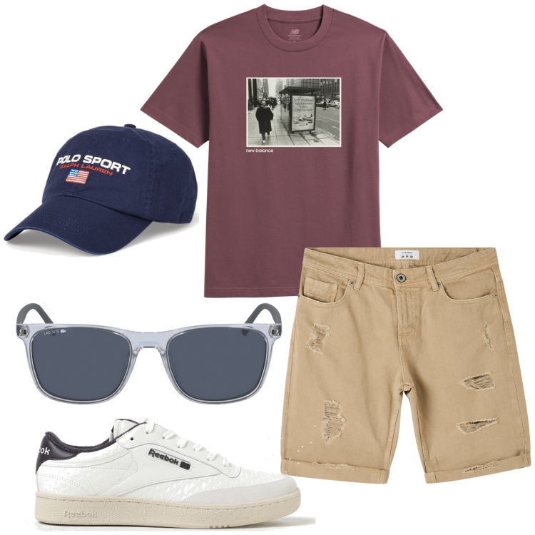 Outfit uomo - I primi caldi. Stile Urban per Tutti i giorni. Abbinamento con bermuda, t-shirt, berretti, sneakers, occhiali da sole.