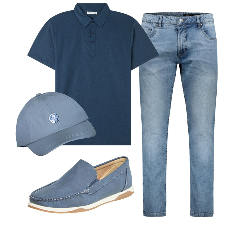 Outfit uomo - Total look #1876355. Stile Casual per Ufficio. Abbinamento con polo, scarpe stringate, jeans, cappelli con visiera.