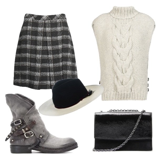 Outfit donna - Shadows. Abbinamento con maglioncino collo a dolcevita in lana eco, gonna al ginocchio fantasia effetto acetato con zip interno foderato in viscosa crêpe, cappello fantasia taglia media con laccetti e nappine, stivaletti contrasto con zip grigio e nero, borsa a tracolla effetto vernice.