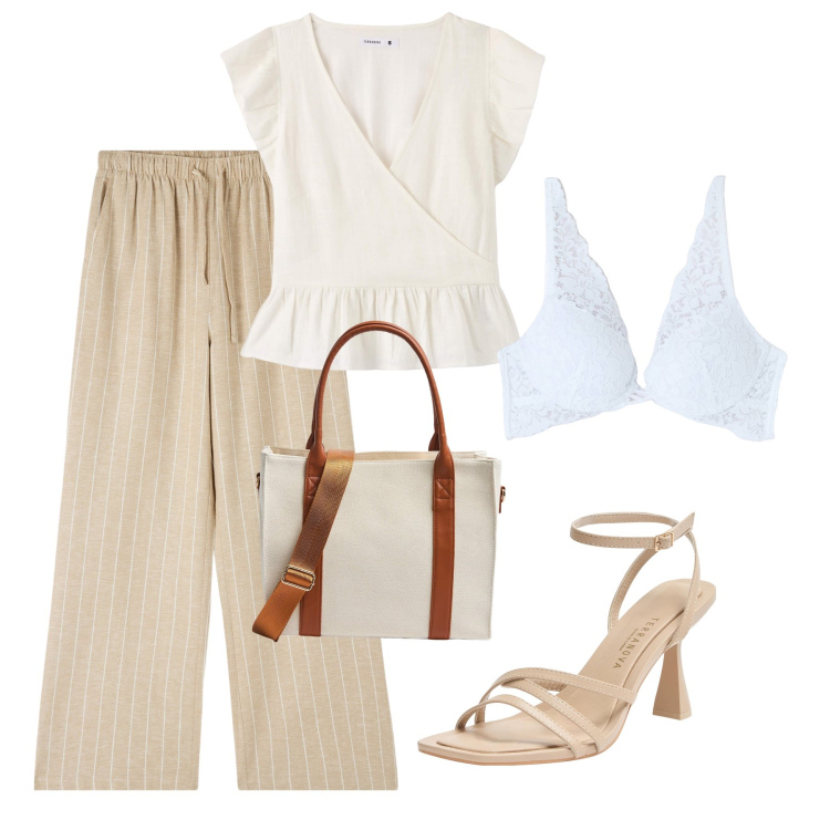 Outfit donna - Lino in ufficio. Stile Chic per Ufficio. Abbinamento con pantaloni, reggiseni, bluse, sandali col tacco, shopping bag.