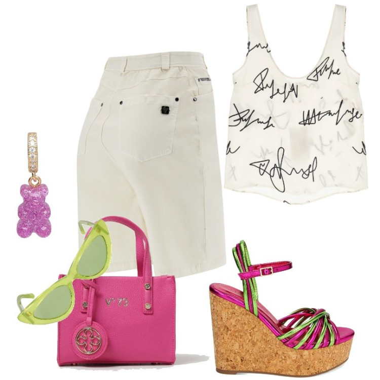 Outfit donna - Total look #1876375. Stile Trendy per Tutti i giorni. Abbinamento con ciondoli, bermuda, top, zeppe, borse tote, occhiali da sole.