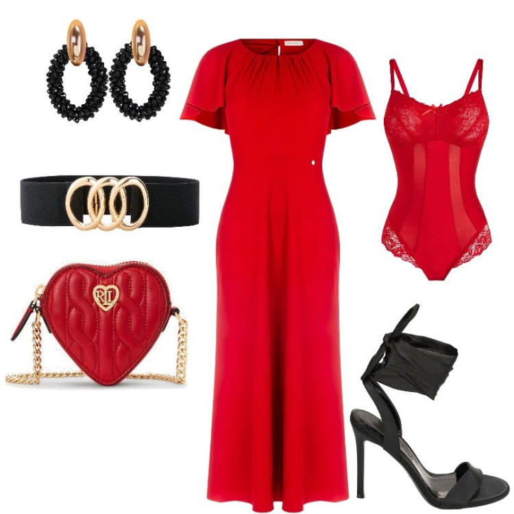 Outfit donna - A cena da lui. Stile Sexy per Serata fuori. Abbinamento con cinture, body, orecchini, vestiti lunghi, sandali col tacco, pochette.