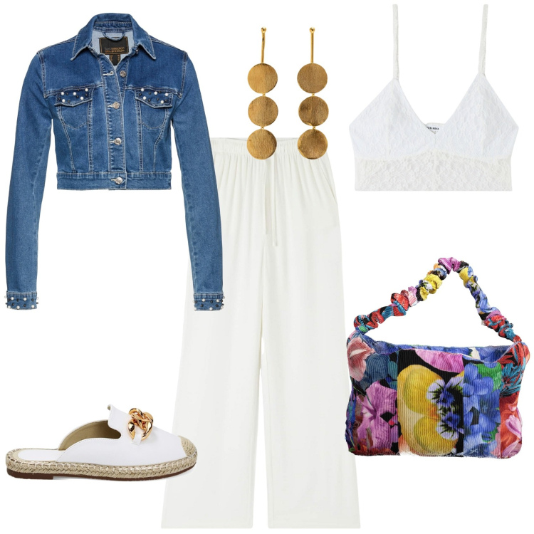 Outfit donna - Jeans forever. Stile Casual chic per Tutti i giorni. Abbinamento con blazer, pantaloni, top, sabot, borse a spalla, orecchini.