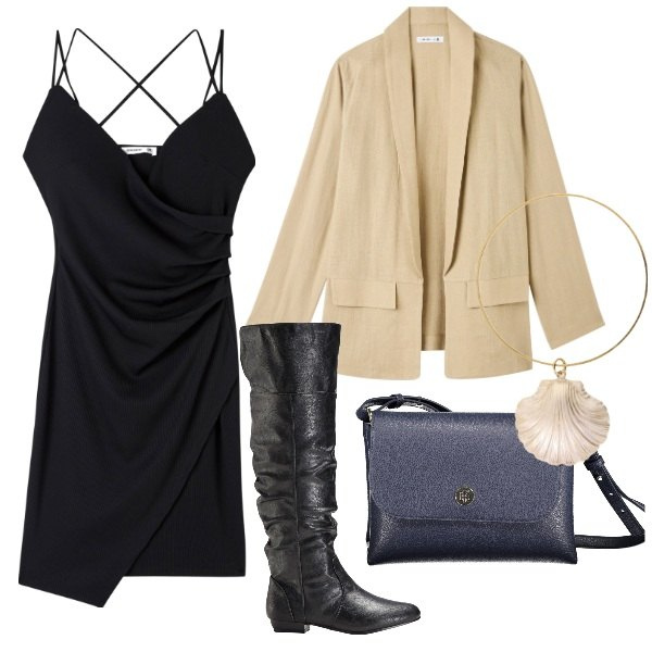 Outfit donna - stivali per la primavera con maxi blazer. Stile Trendy per Serata fuori. Abbinamento con stivali sopra il ginocchio, vestiti, blazer, braccialetti, borse a spalla.