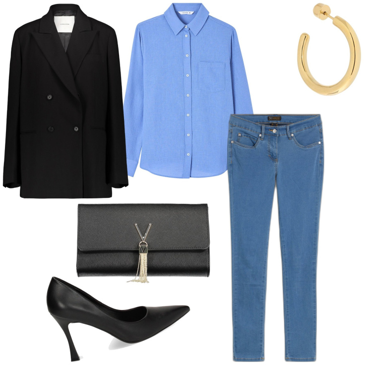 Outfit donna - Lei nei panni di lui. Stile Mannish per Serata fuori. Abbinamento con jeans dritti, camicie, décolleté, orecchini, blazer, borse a mano.