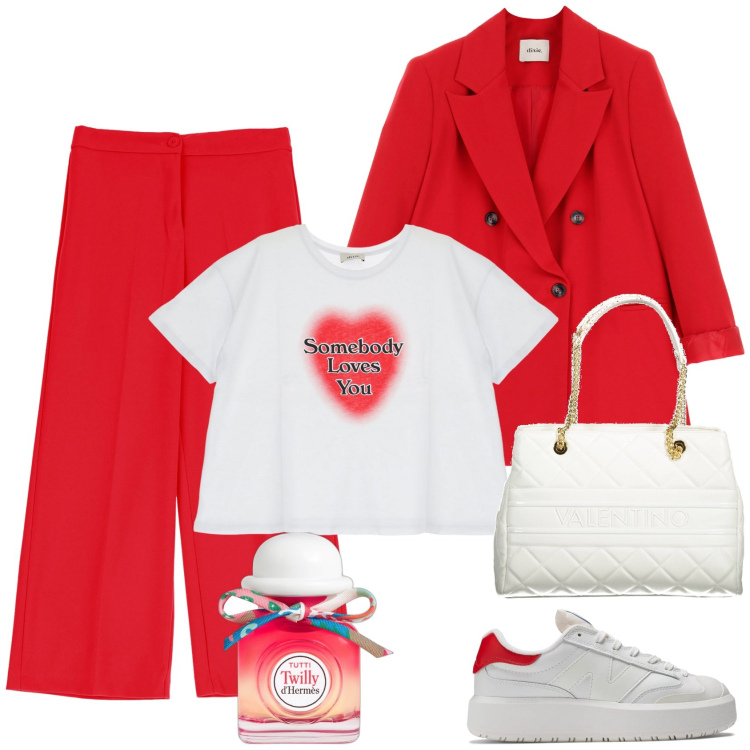Outfit donna - In bianco e rosso. Stile Sporty chic per Tutti i giorni. Abbinamento con profumi, sneakers, pantaloni, blazer, t-shirt, borse a spalla.