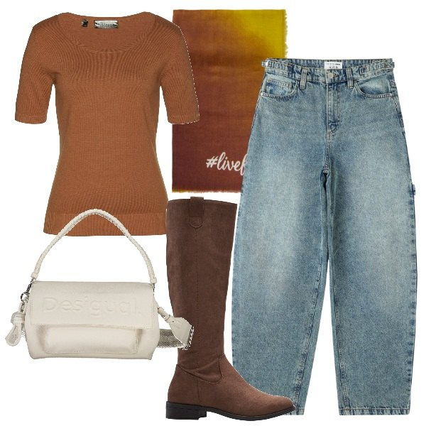 Outfit donna - Lo stivale in primavera. Stile Urban per Tutti i giorni. Abbinamento con maglieria, stivali, jeans, borse a spalla, foulard.