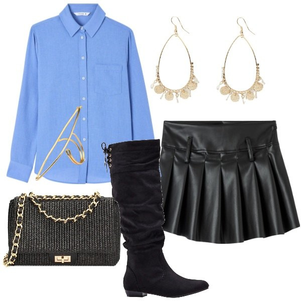 Outfit donna - Primavera stivali e minigonna. Stile Preppy per Scuola/Università. Abbinamento con stivali, minigonne, camicie, orecchini, borse a tracolla, anelli.