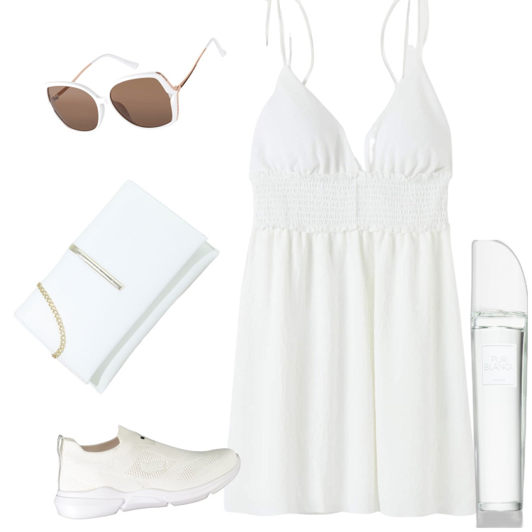 Outfit donna - White light. Stile Basic per Mare. Abbinamento con occhiali da sole, vestiti corti, profumi, pochette, sneakers.