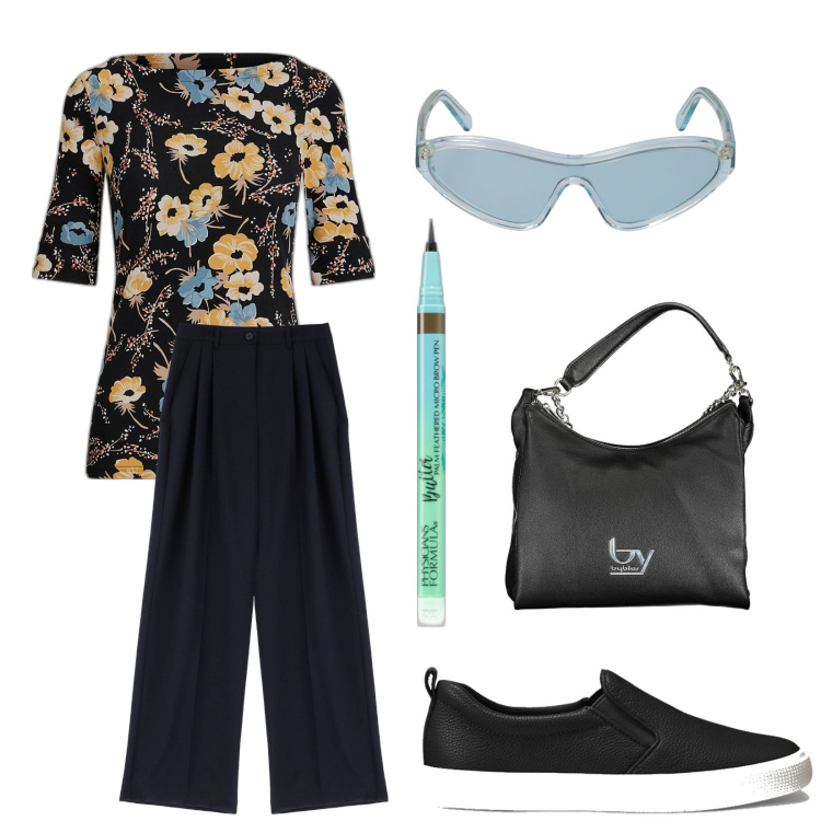 Outfit donna - Total look #1876404. Stile Casual chic per Tutti i giorni. Abbinamento con eyeliner, pantaloni, sneakers, maglieria, occhiali da sole, borse a spalla.