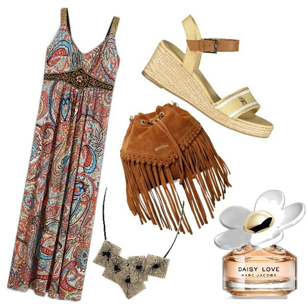 Outfit donna - Total look #1876418. Stile Romantica per Tutti i giorni. Abbinamento con vestiti lunghi, ciondoli, profumi, borse a secchiello, sandali col tacco.