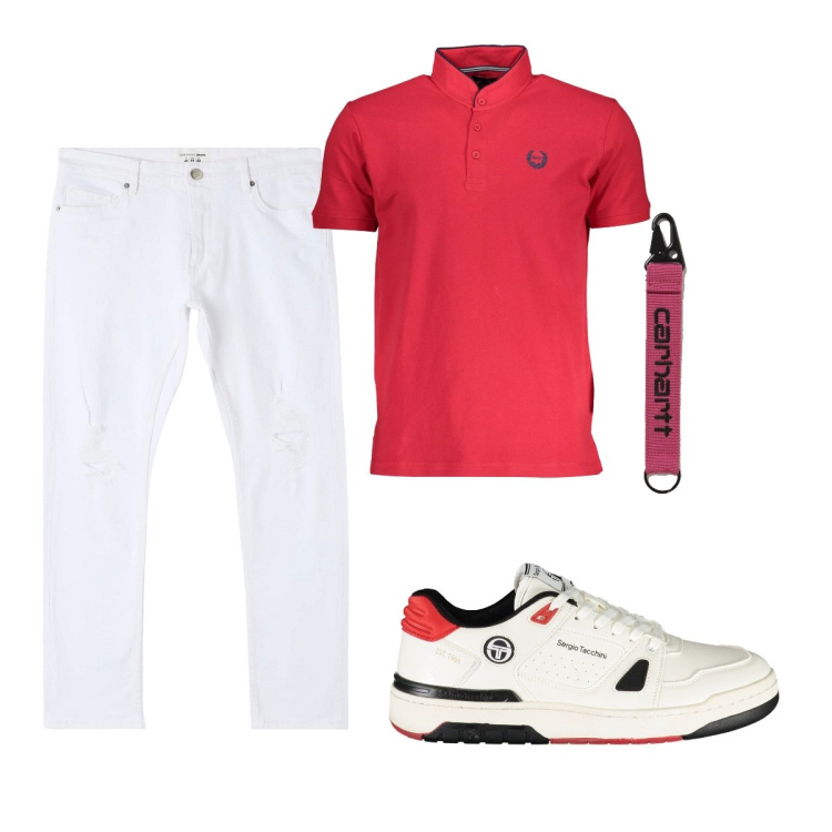 Outfit uomo - Total look #1876422. Stile Casual per Tutti i giorni. Abbinamento con jeans strappati, scarpe sportive, portachiavi, polo.