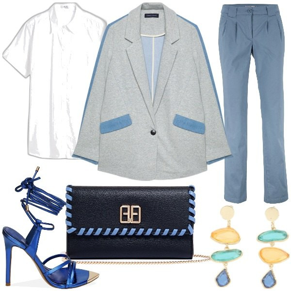Outfit donna - Blazer Mania: look casual ed elegante. Stile Glamour per Tutti i giorni. Abbinamento con camicie a manica corta, pantaloni chino, pochette, sandali gioiello, orecchini, blazer.