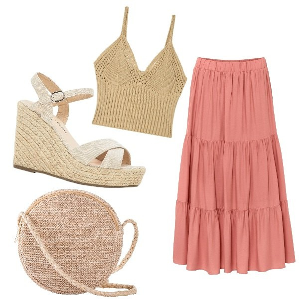 Outfit donna - In giro. Stile Romantica per Tutti i giorni. Abbinamento con gonne longuette, sandali, borse a tracolla, top.