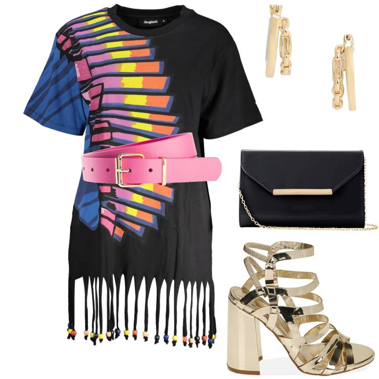 Outfit donna - Pool party on Friday evening. Stile Trendy per Serata fuori. Abbinamento con cinture, pochette, sandali col tacco, orecchini, vestiti corti.