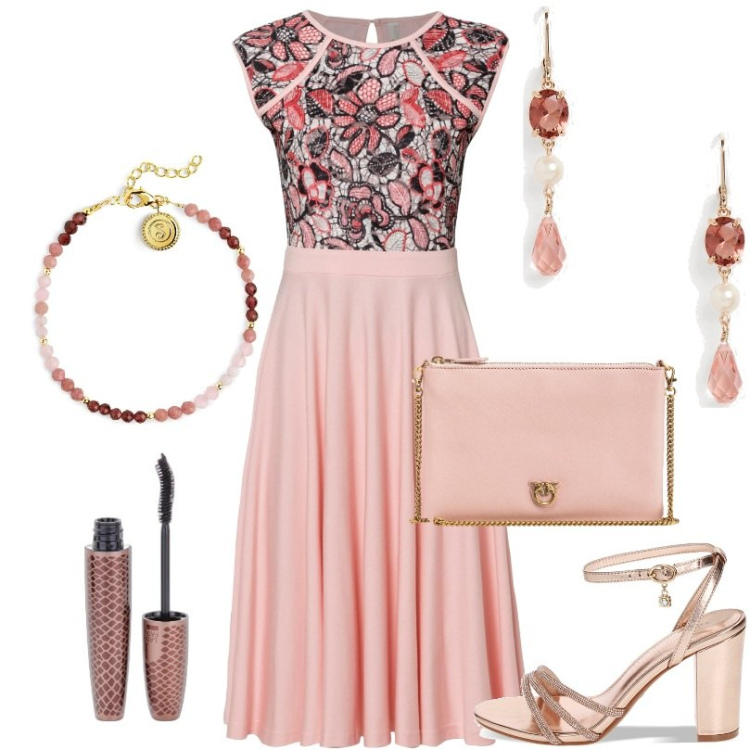 Outfit donna - Cerimonia a tacchi comodi. Stile Glamour per Cerimonia. Abbinamento con vestiti midi/longuette, braccialetti, mascara, borse a tracolla, sandali gioiello, orecchini.