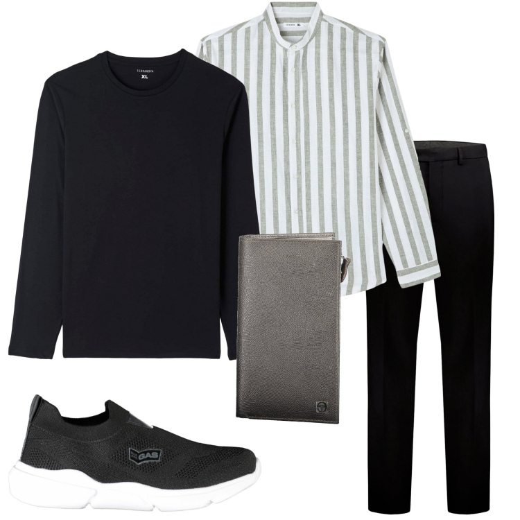 Outfit uomo - In ufficio. Stile Casual per Ufficio. Abbinamento con camicie, t-shirt, pantaloni, sneakers, portafogli.