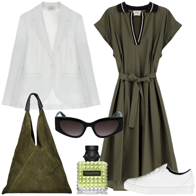 Outfit donna - In città. Stile Casual chic per Tutti i giorni. Abbinamento con profumi, vestiti midi/longuette, blazer, borse a spalla, occhiali da sole, sneakers.