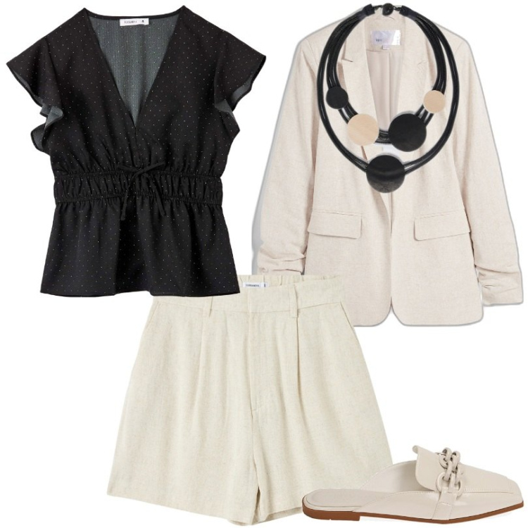 Outfit donna - Blazer in lino. Stile Casual per Tutti i giorni. Abbinamento con blazer, bermuda, bluse, sabot, collane.