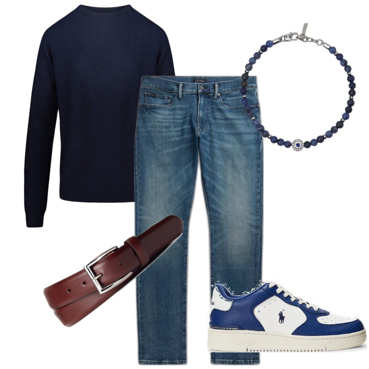 Outfit uomo - La maglia blu. Stile Casual per Tutti i giorni. Abbinamento con braccialetti, cinture, jeans, sneakers, maglieria.