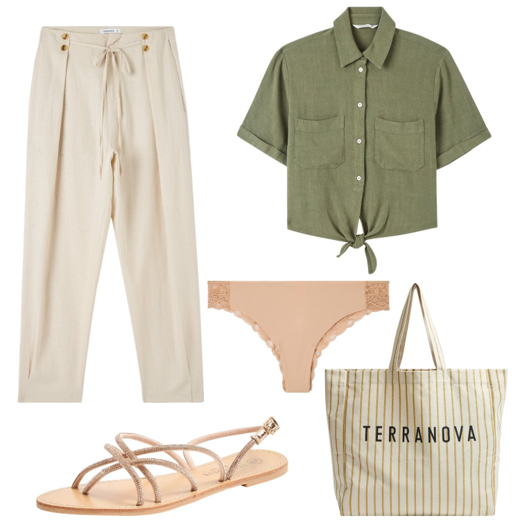 Outfit donna - Terranova speciale lino. Stile Basic per Tutti i giorni. Abbinamento con camicie a manica corta, sandali, pantaloni, culotte, borse tote.