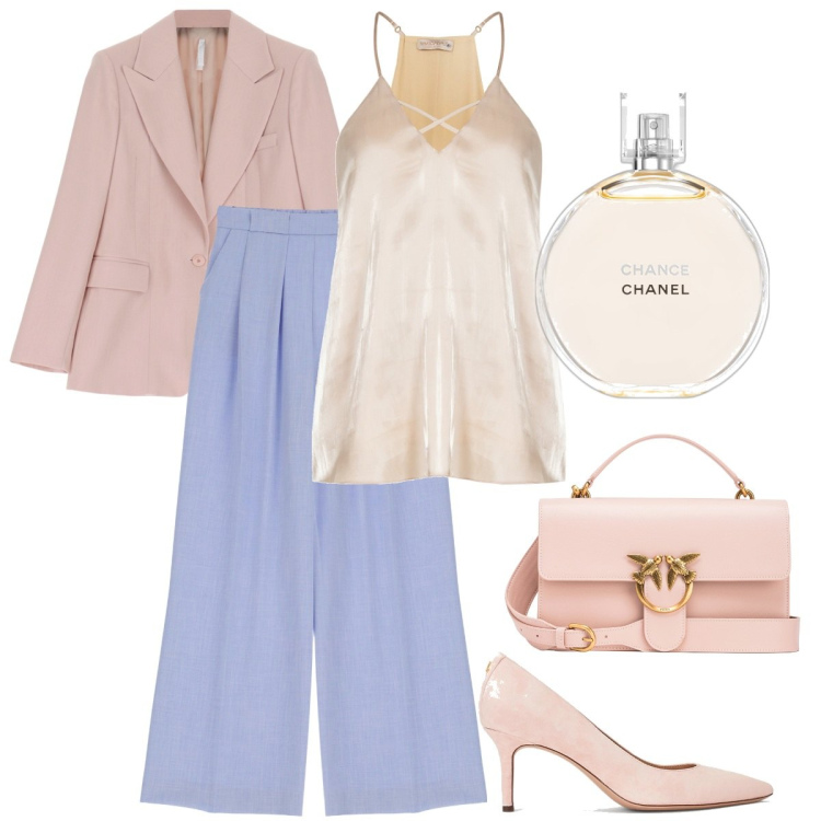 Outfit donna - Total look #1876483. Stile Chic per Cerimonia. Abbinamento con profumi, borse a tracolla, top, blazer, jeans dritti, décolleté.