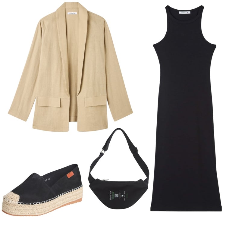 Outfit donna - Nero e beige. Stile Urban per Tutti i giorni. Abbinamento con vestiti lunghi, blazer, espadrillas, marsupi.