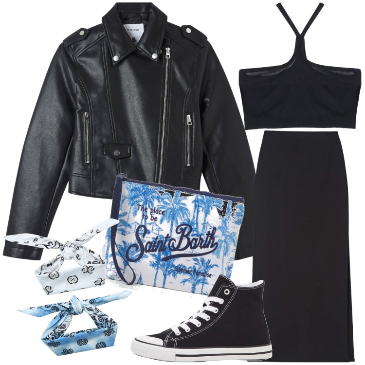 Outfit donna - Cominciano gli aperitivi al mare. Stile Basic per Mare. Abbinamento con sneakers alte, gonne lunghe, giacche, fasce per capelli, top, clutch.