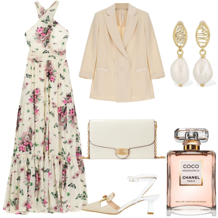 Outfit donna - Il vestito romantico. Stile Romantica per Cerimonia. Abbinamento con profumi, vestiti lunghi, sandali col tacco, blazer, borse a tracolla, orecchini.