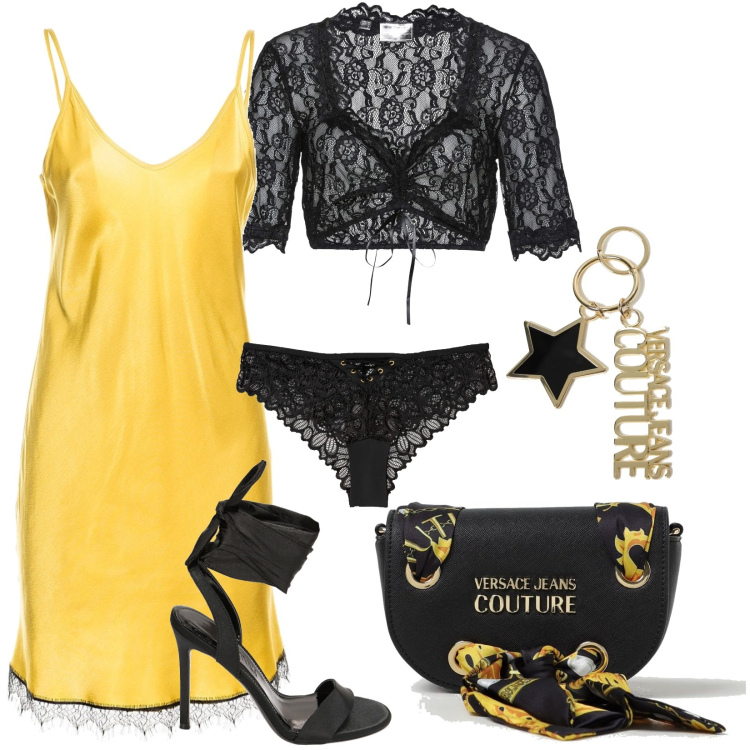 Outfit donna - Sexy serata. Stile Sexy per Serata fuori. Abbinamento con camicie, culotte, top, sandali col tacco, borse a spalla, portachiavi.