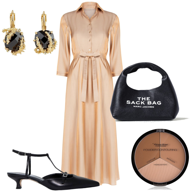 Outfit donna - Eleganza semplice. Stile Bon Ton per Cerimonia. Abbinamento con orecchini, blush, vestiti chemisier, sandali col tacco, pochette.