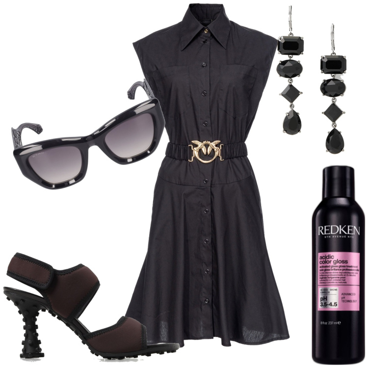 Outfit donna - A Cannes. Stile Rock per Cerimonia. Abbinamento con gloss, vestiti chemisier, orecchini, sandali col tacco, occhiali da sole.