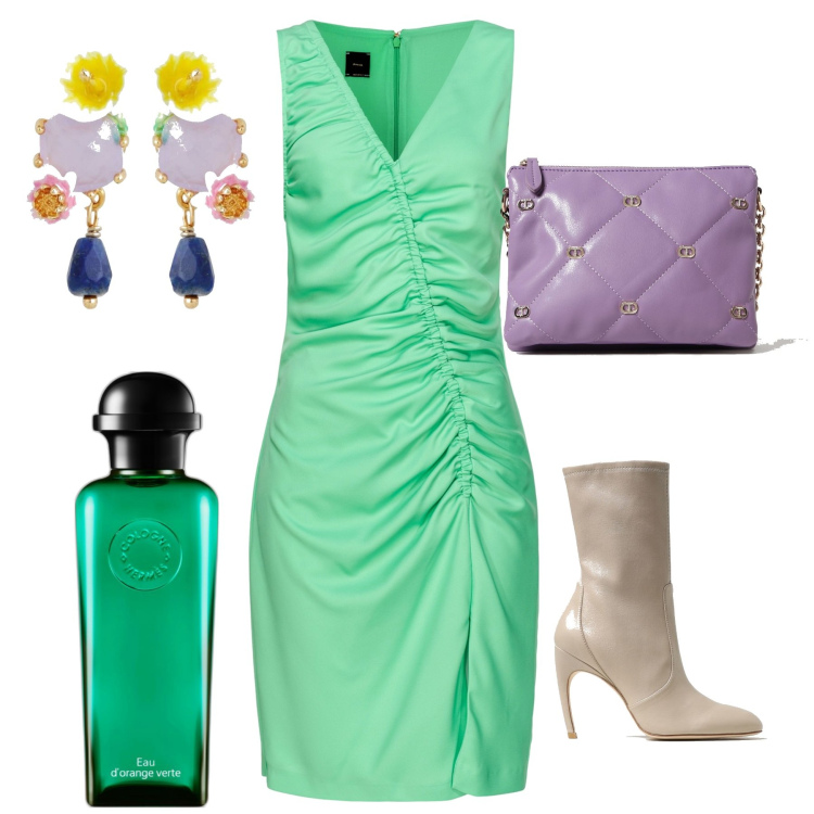 Outfit donna - Drappeggio. Stile Chic per Serata fuori. Abbinamento con orecchini, profumi, vestiti asimmetrici, borse a tracolla, stivaletti.