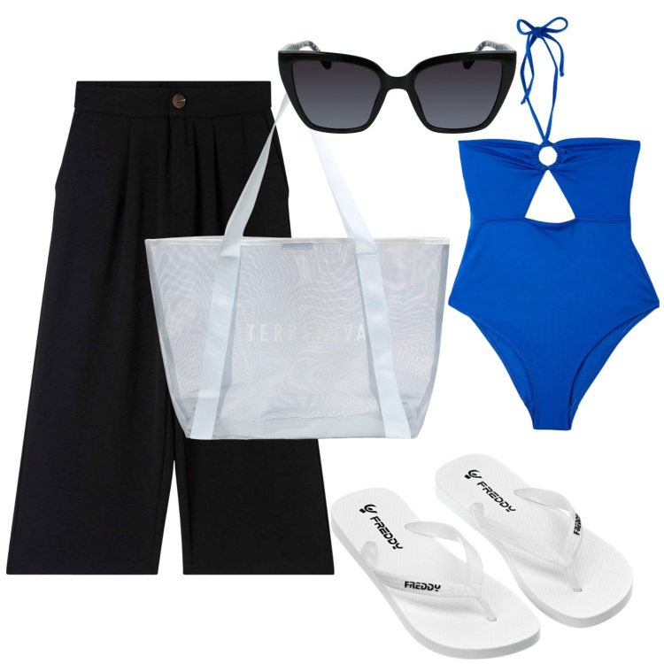 Outfit donna - Costume intero blu. Stile Sexy per Mare. look ideale per Petite. Abbinamento con pantaloni a palazzo, costumi interi, shopping bag, infradito, occhiali da sole.